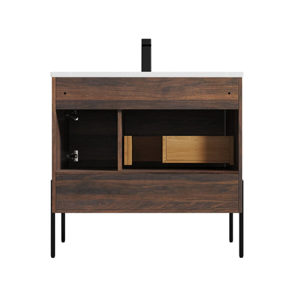 Blossom Turin 36" 1-Door 1-Drawer Cali Walnut Freestanding Single Vanity Base With Open Shelf, Handle and Legs