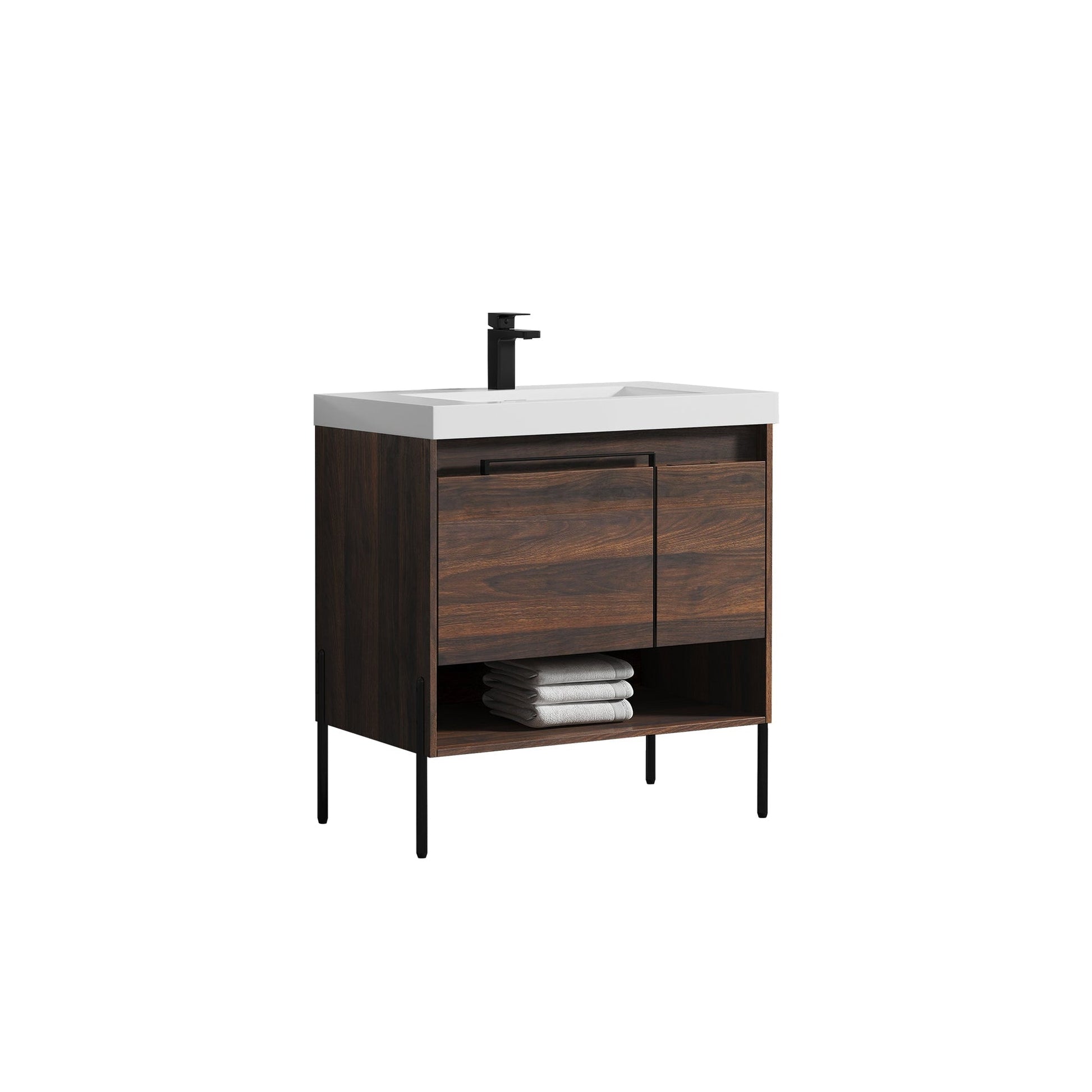 Blossom Turin 36" 1-Door 1-Drawer Cali Walnut Freestanding Single Vanity Base With Open Shelf, Handle and Legs