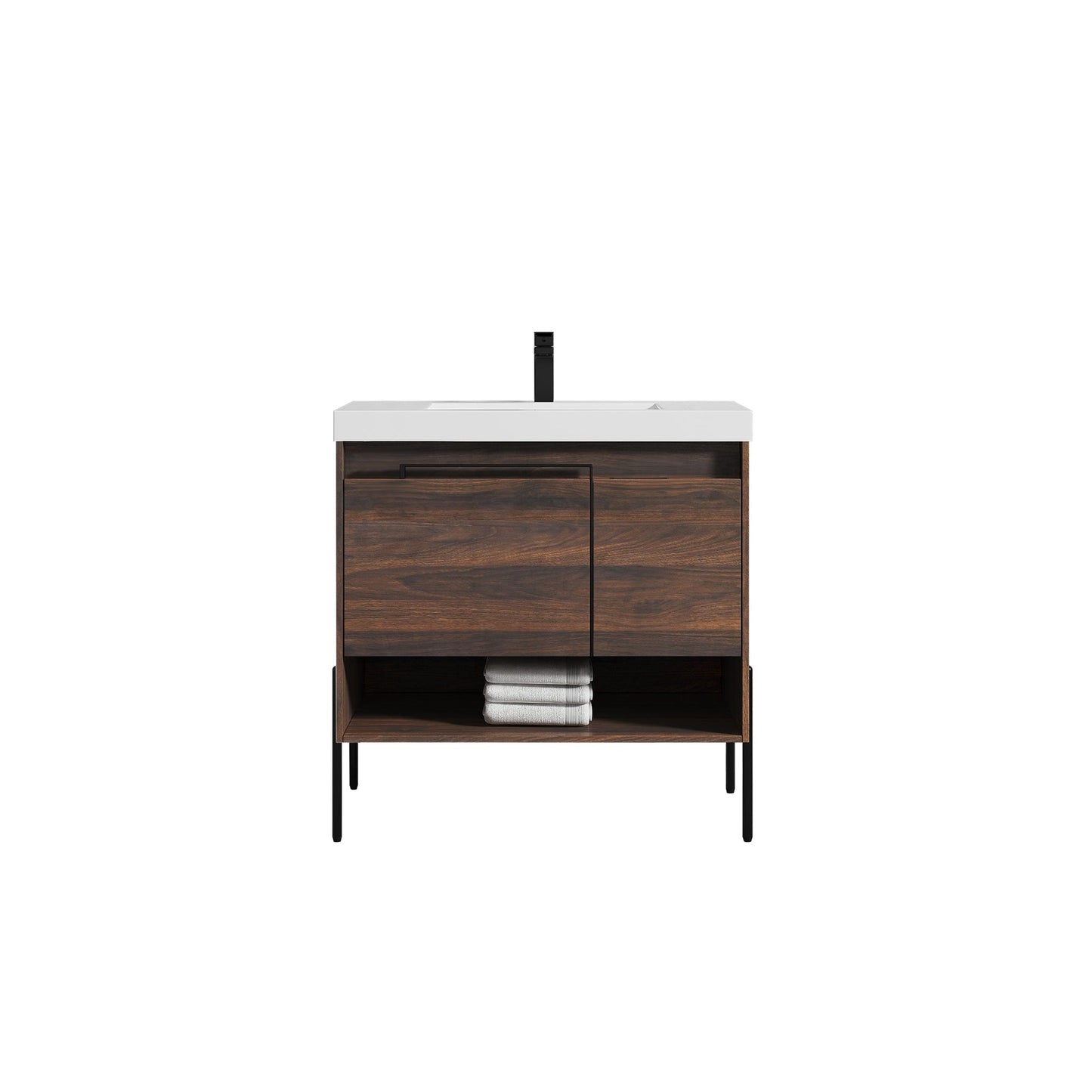 Blossom Turin 36" 1-Door 1-Drawer Cali Walnut Freestanding Single Vanity Base With Open Shelf, Handle and Legs