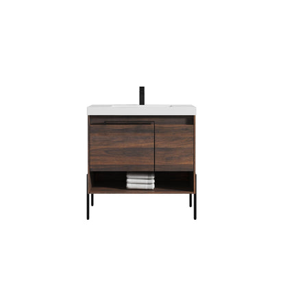 Blossom Turin 36" 1-Door 1-Drawer Cali Walnut Freestanding Single Vanity Base With Open Shelf, Handle and Legs