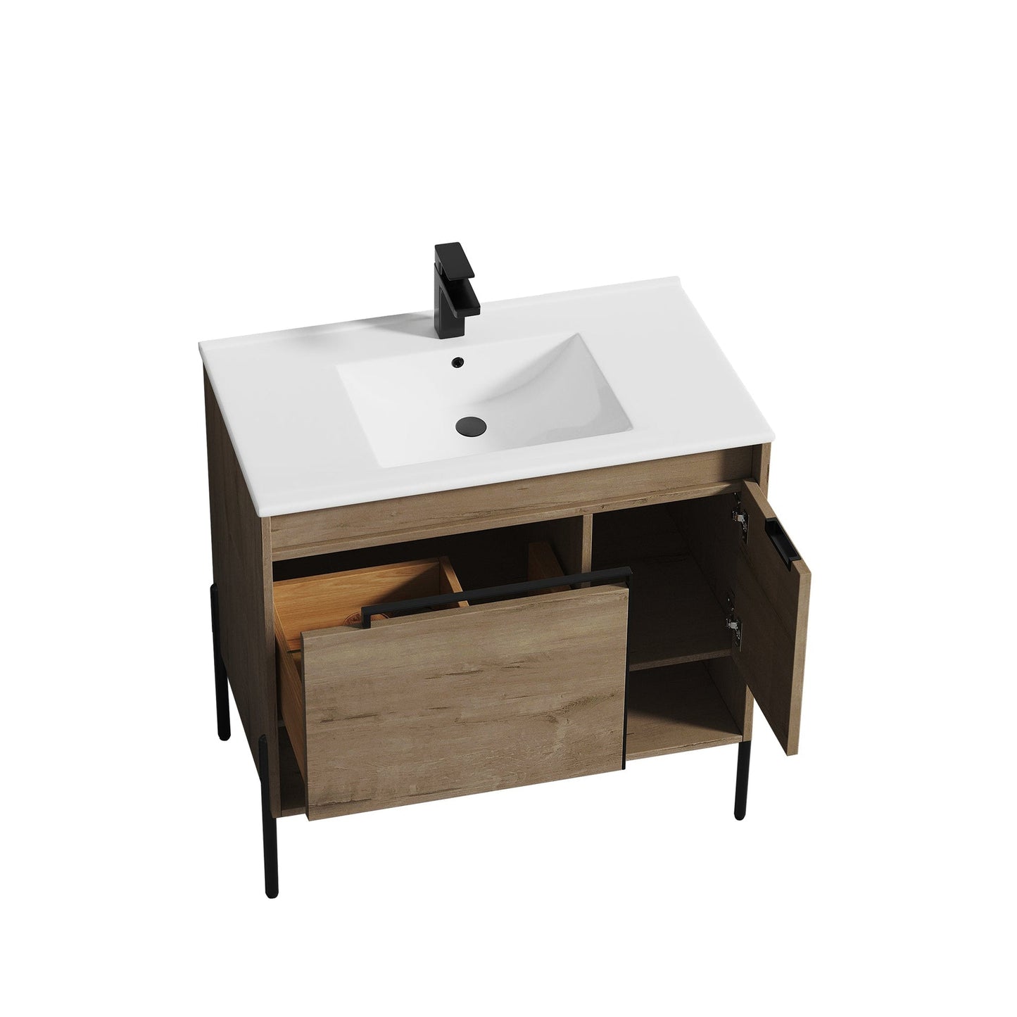 Blossom Turin 36" 1-Door 1-Drawer Classic Oak Freestanding Single Vanity Base With Open Shelf, Handle and Legs