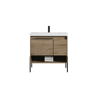 Blossom Turin 36" 1-Door 1-Drawer Classic Oak Freestanding Single Vanity Base With Open Shelf, Handle and Legs