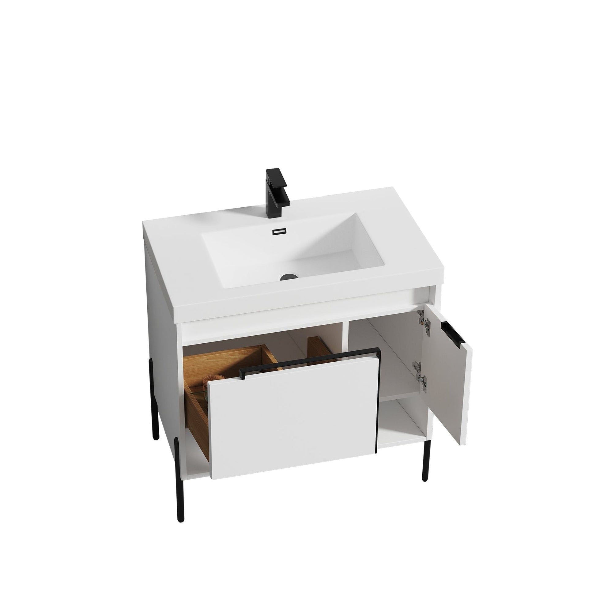 Blossom Turin 36" 1-Door 1-Drawer Matte White Freestanding Single Vanity Base With Open Shelf, Handle and Legs