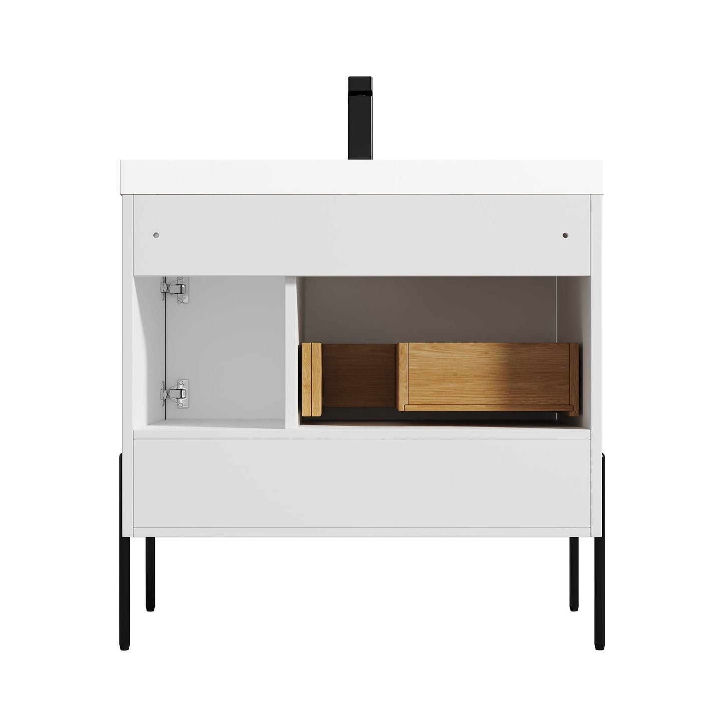 Blossom Turin 36" 1-Door 1-Drawer Matte White Freestanding Single Vanity Base With Open Shelf, Handle and Legs