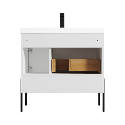 Blossom Turin 36" 1-Door 1-Drawer Matte White Freestanding Single Vanity Base With Open Shelf, Handle and Legs