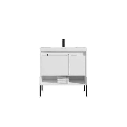 Blossom Turin 36" 1-Door 1-Drawer Matte White Freestanding Single Vanity Base With Open Shelf, Handle and Legs