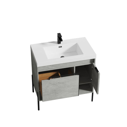 Blossom Turin 36" 1-Door 1-Drawer Plain Cement Freestanding Single Vanity Base With Open Shelf, Handle and Legs