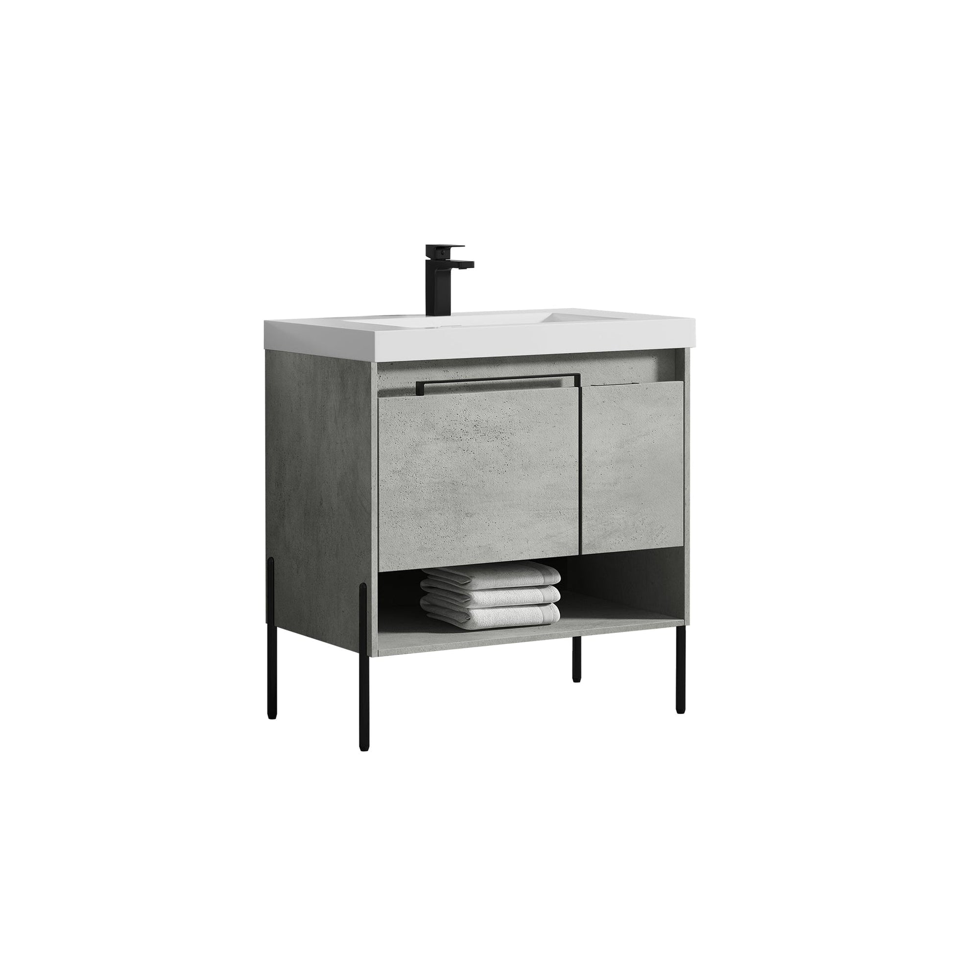 Blossom Turin 36" 1-Door 1-Drawer Plain Cement Freestanding Single Vanity Base With Open Shelf, Handle and Legs