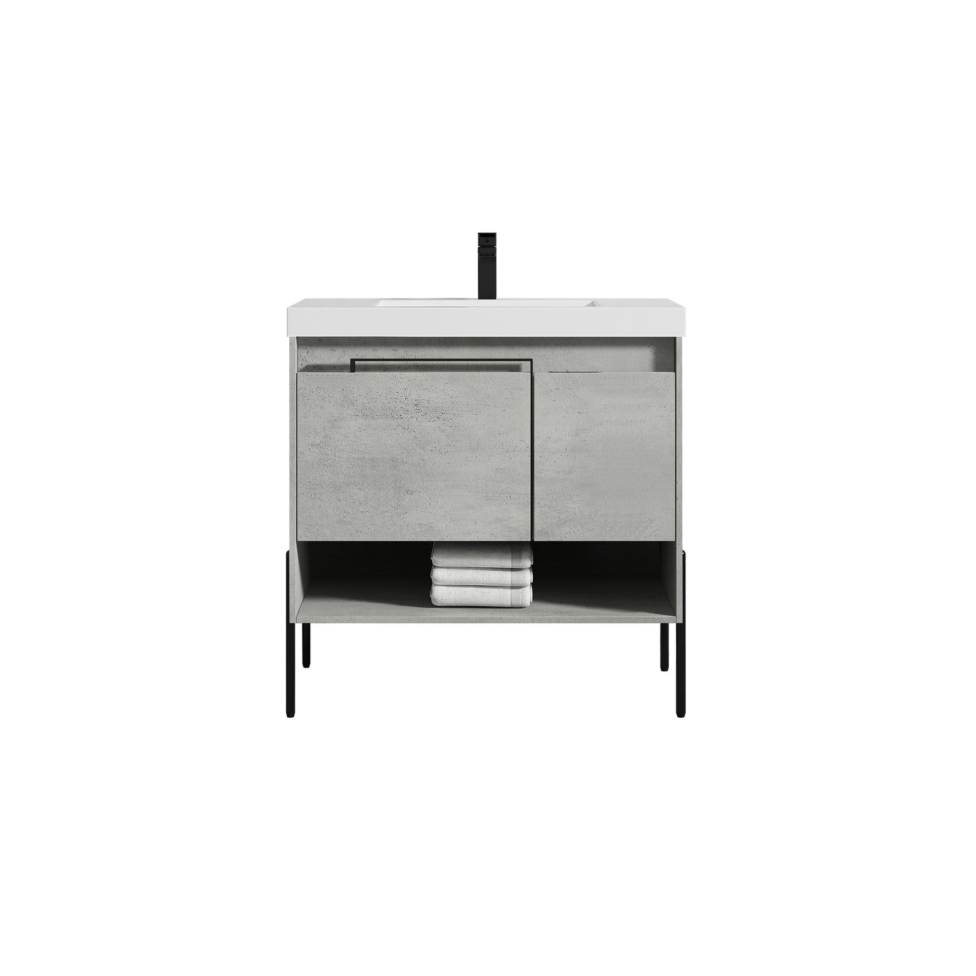 Blossom Turin 36" 1-Door 1-Drawer Plain Cement Freestanding Single Vanity Base With Open Shelf, Handle and Legs