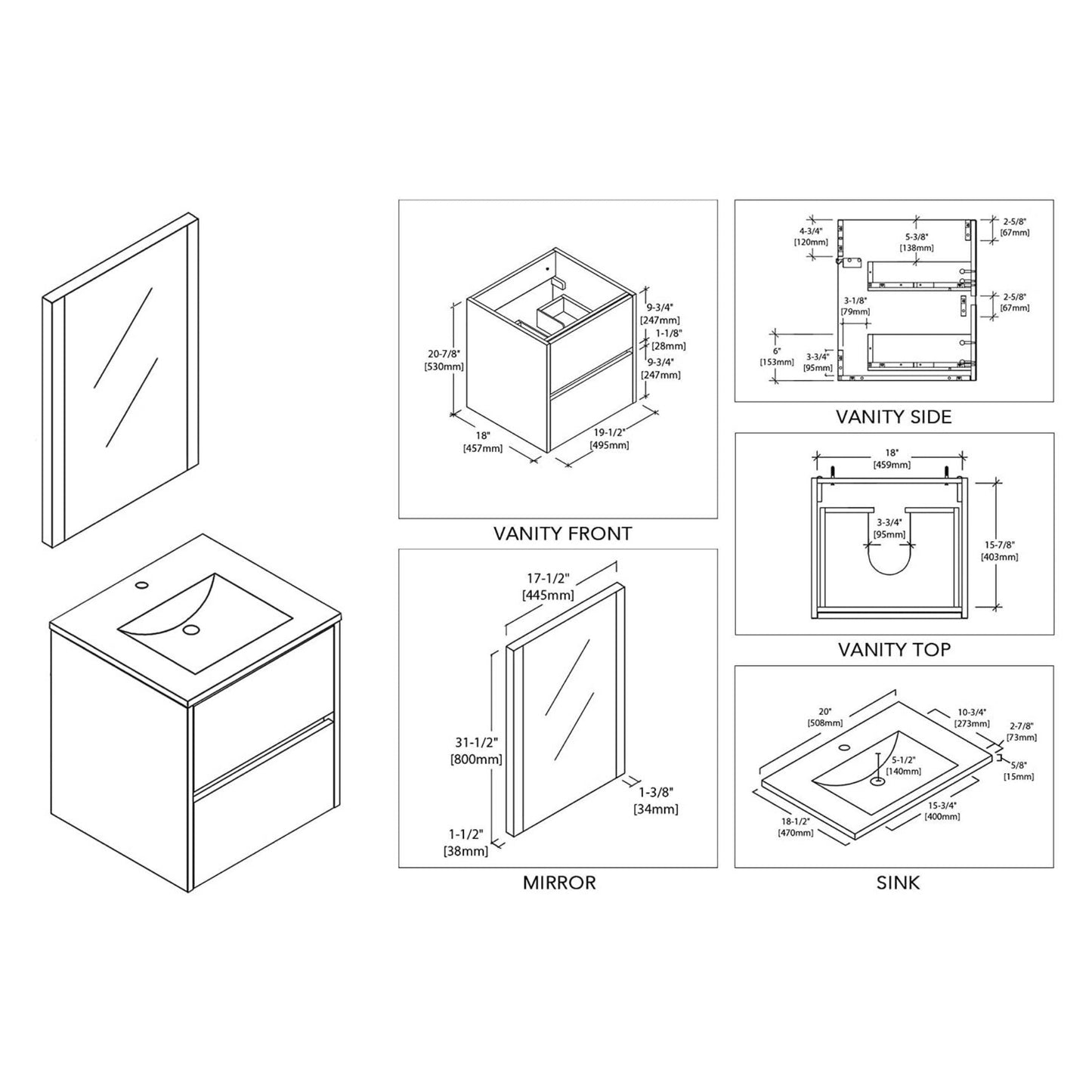 Blossom Valencia 20" 2-Drawer Silver Gray Wall-Mounted Vanity Set With Ceramic Top, Integrated Single Sink and Mirror