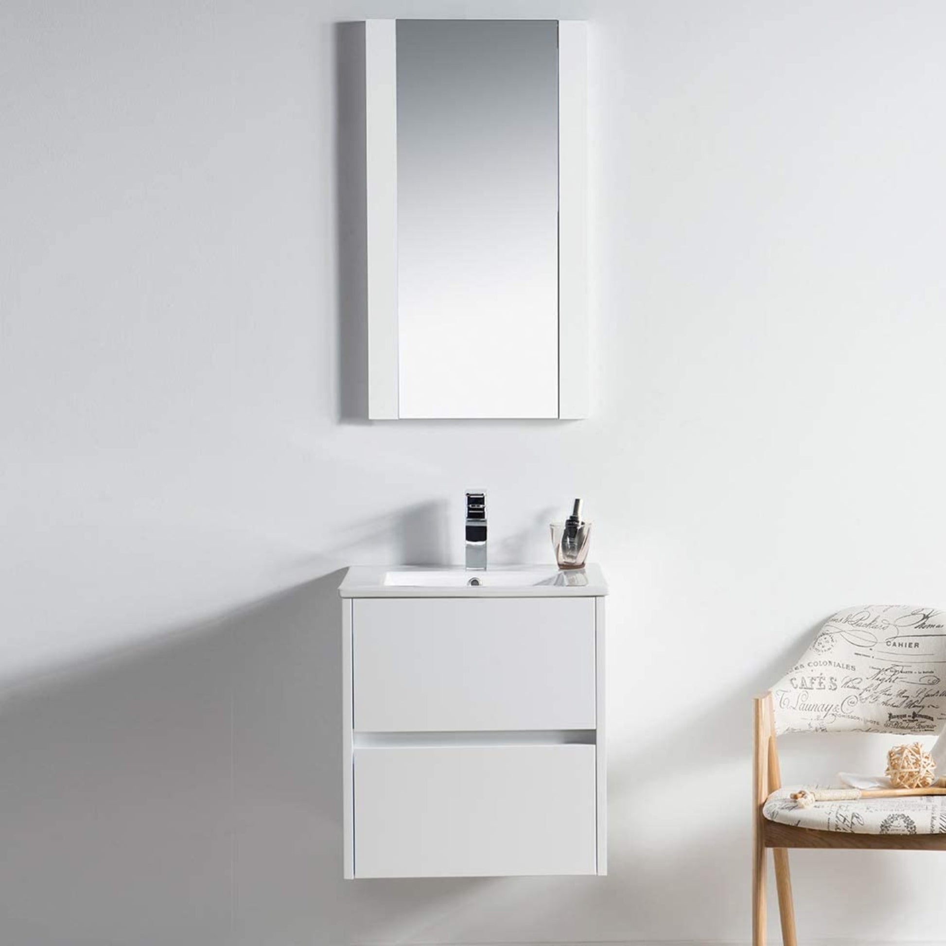 Blossom Valencia 20" 2-Drawer White Wall-Mounted Vanity Set With Ceramic Top, Integrated Single Sink and Mirror