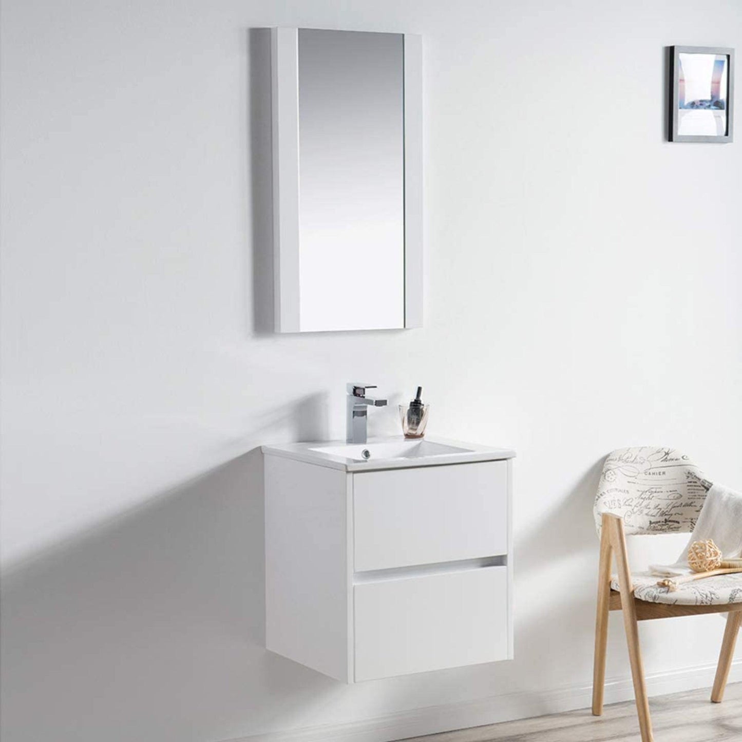 Blossom Valencia 20" 2-Drawer White Wall-Mounted Vanity Set With Ceramic Top, Integrated Single Sink and Mirror