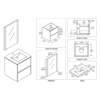 Blossom Valencia 20" 2-Drawer White Wall-Mounted Vanity Set With Ceramic Top, Integrated Single Sink and Mirror