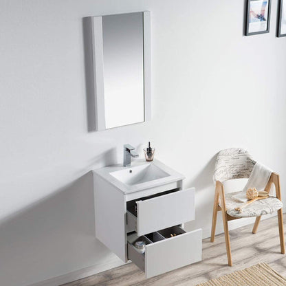 Blossom Valencia 20" 2-Drawer White Wall-Mounted Vanity Set With Ceramic Top, Integrated Single Sink and Mirror