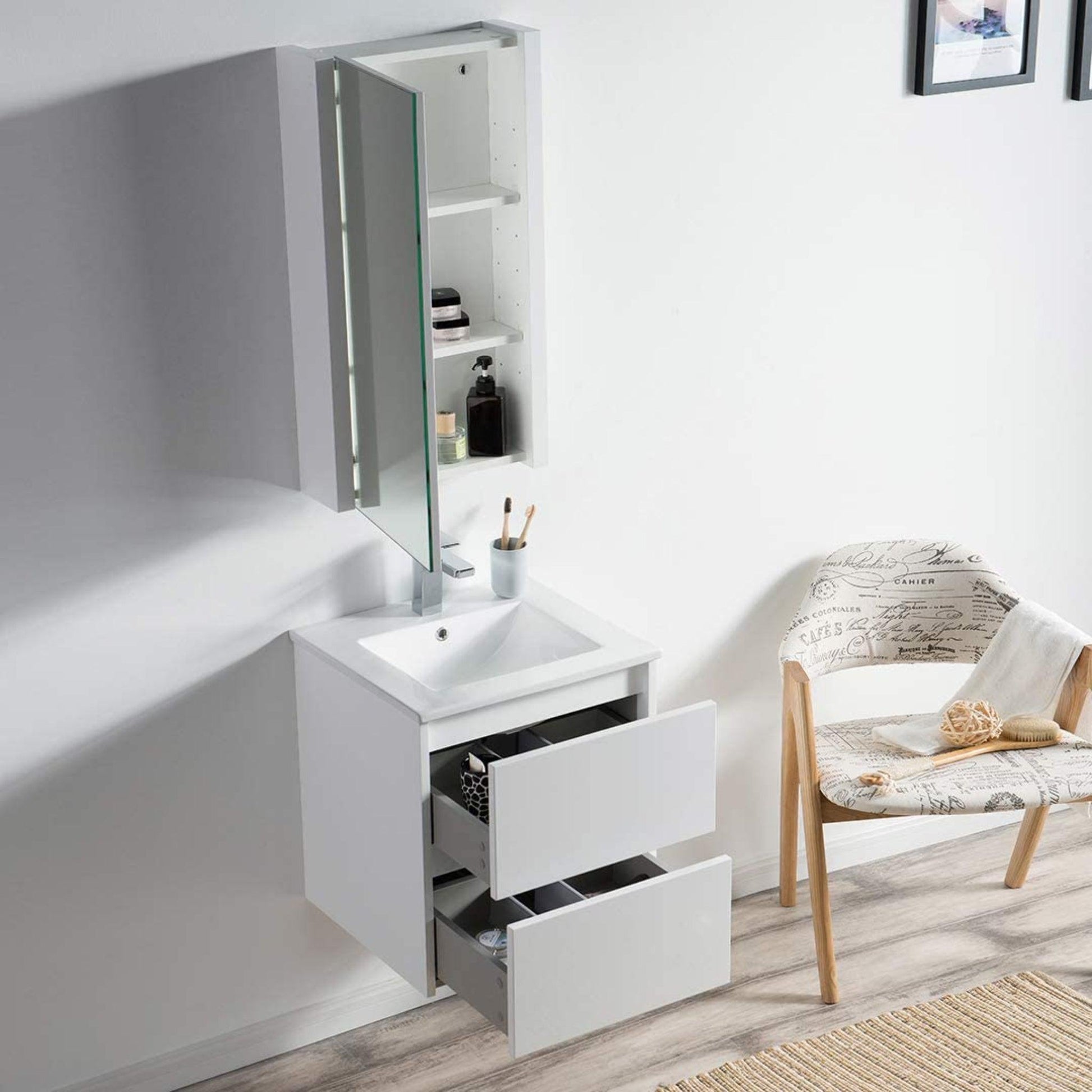 Blossom Valencia 20" 2-Drawer White Wall-Mounted Vanity Set With Ceramic Top and Integrated Single Sink and Medicine Cabinet