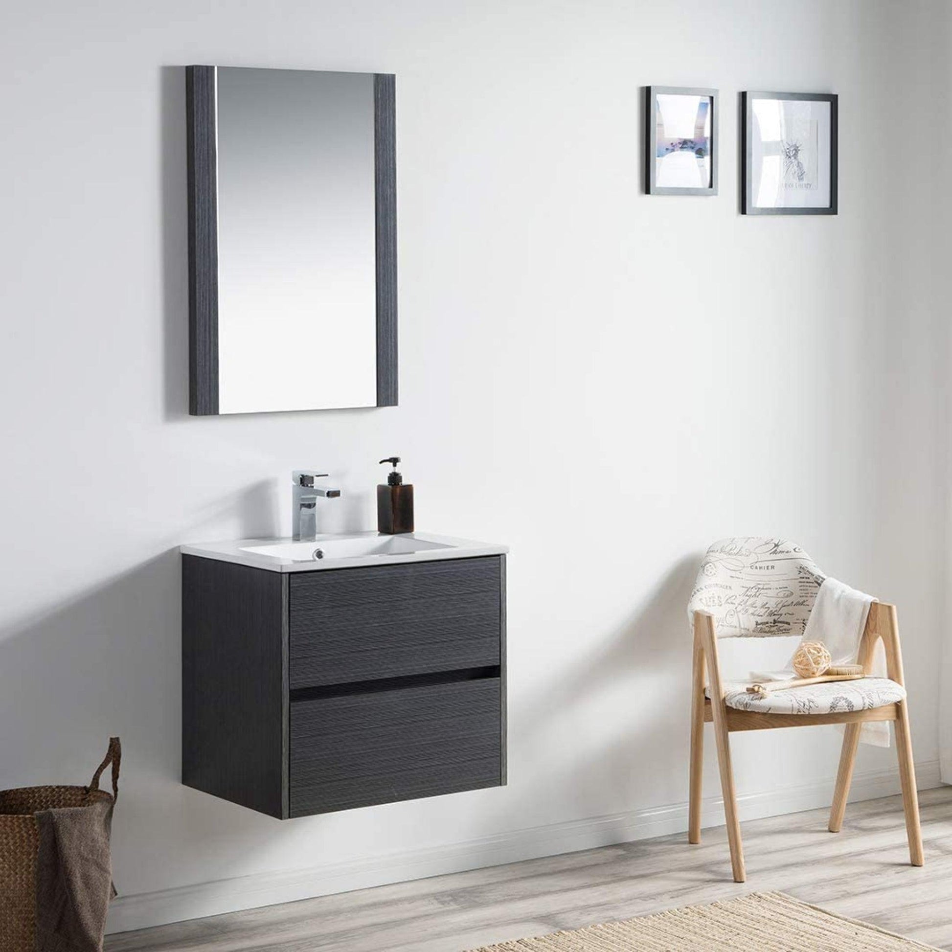 Blossom Valencia 24" 2-Drawer Silver Gray Wall-Mounted Vanity Set With Ceramic Top, Integrated Single Sink and Mirror