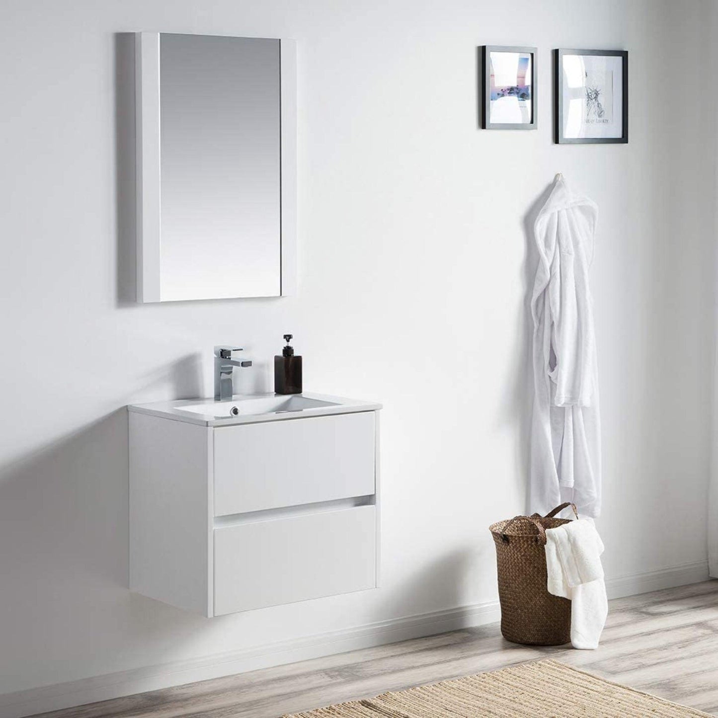 Blossom Valencia 24" 2-Drawer White Wall-Mounted Vanity Set With Ceramic Top, Integrated Single Sink and Mirror