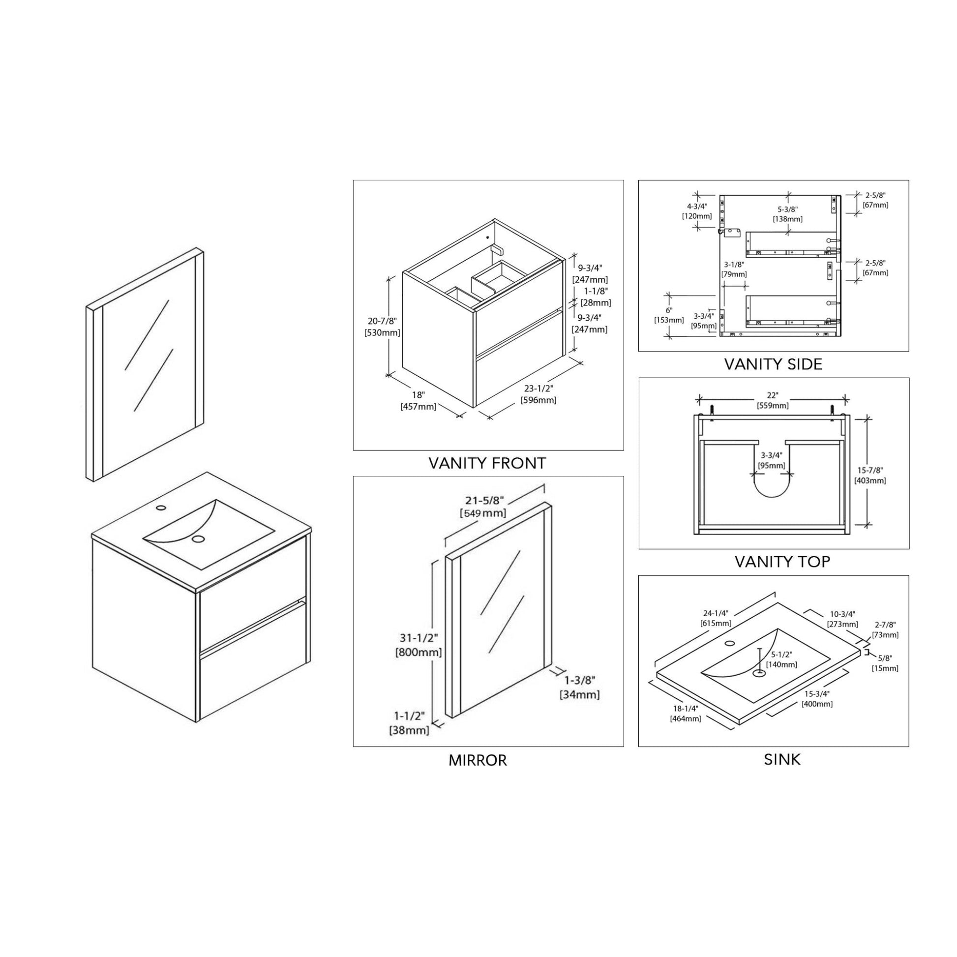 Blossom Valencia 24" 2-Drawer White Wall-Mounted Vanity Set With Ceramic Top, Integrated Single Sink and Mirror