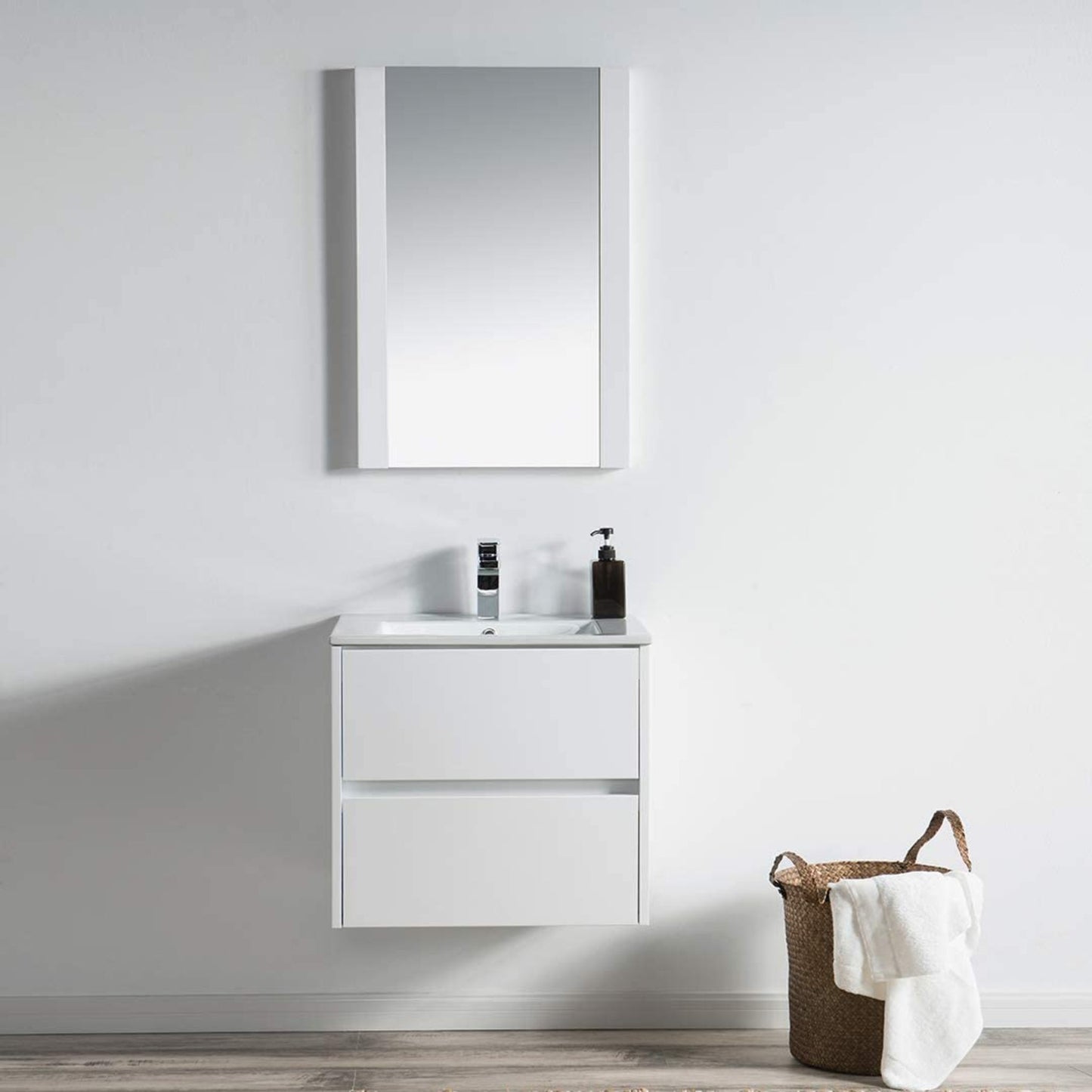 Blossom Valencia 24" 2-Drawer White Wall-Mounted Vanity Set With Ceramic Top, Integrated Single Sink and Mirror