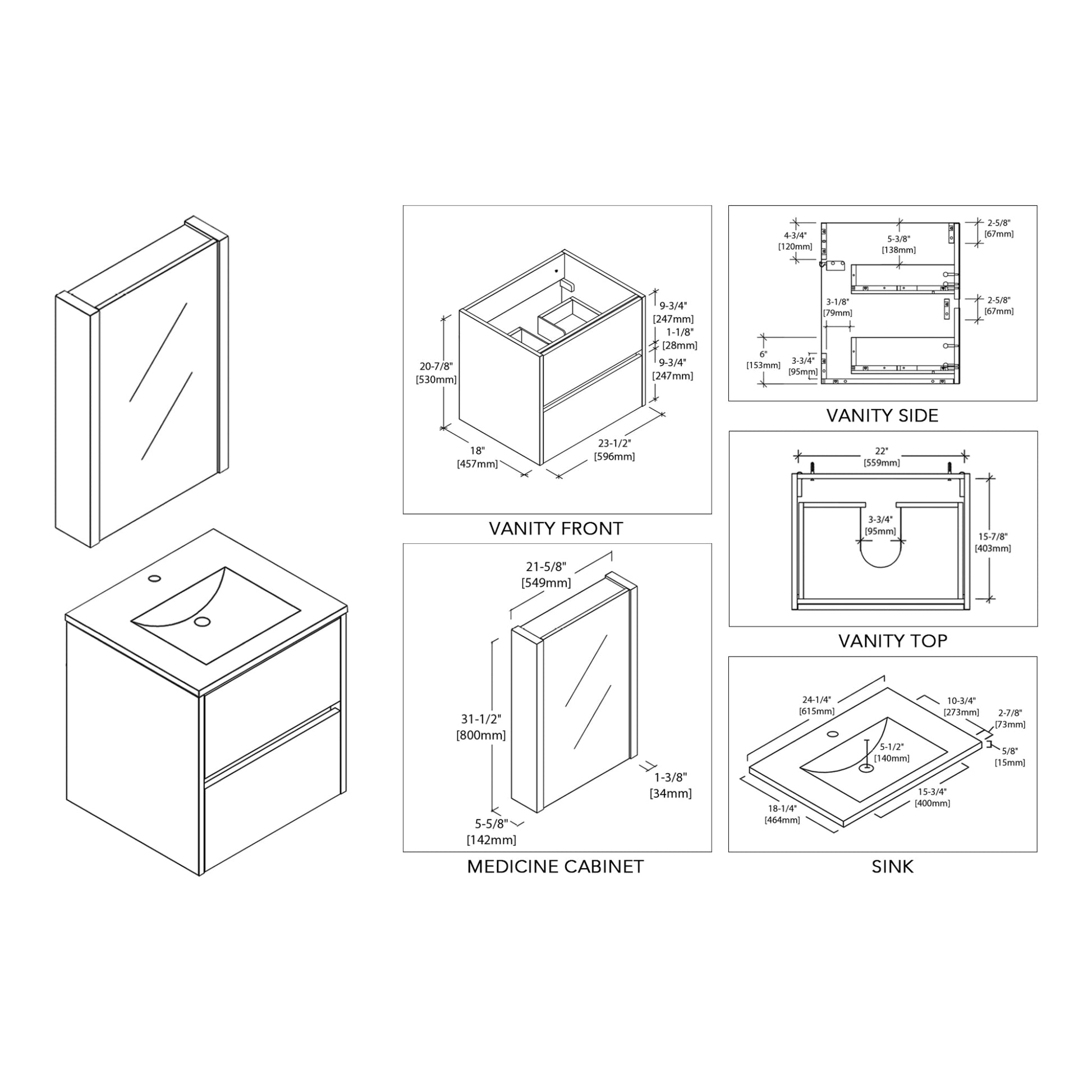 Blossom Valencia 24" 2-Drawer White Wall-Mounted Vanity Set With Ceramic Top and Integrated Single Sink and Medicine Cabinet