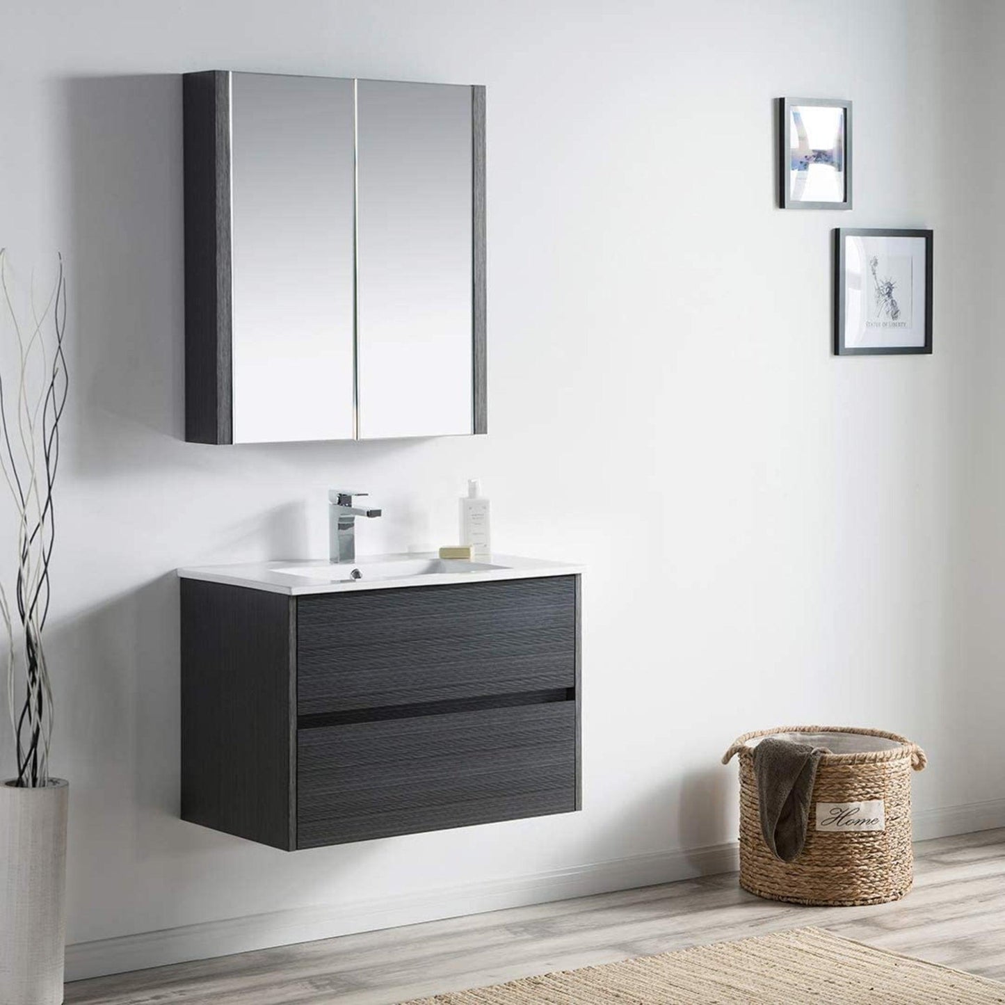 Blossom Valencia 30" 2-Drawer Silver Gray Wall-Mounted Vanity Set With Ceramic Top and Integrated Single Sink and Medicine Cabinet