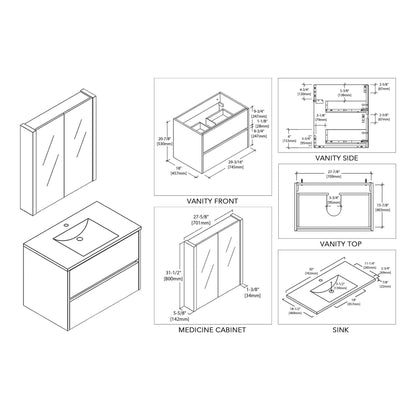 Blossom Valencia 30" 2-Drawer Silver Gray Wall-Mounted Vanity Set With Ceramic Top and Integrated Single Sink and Medicine Cabinet