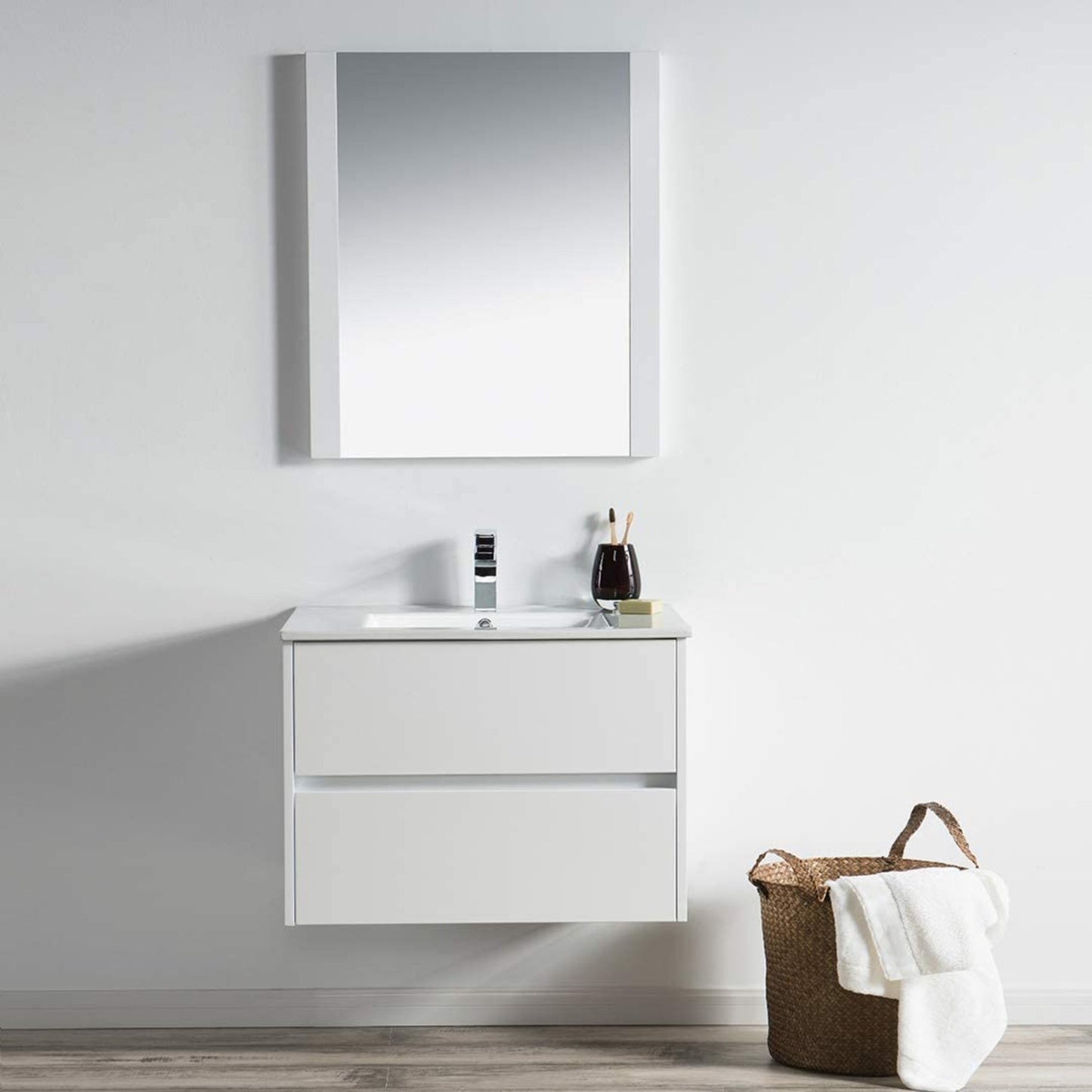 Blossom Valencia 30" 2-Drawer White Wall-Mounted Vanity Set With Ceramic Top, Integrated Single Sink and Mirror