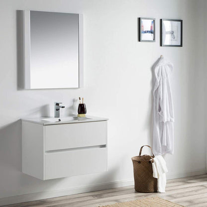 Blossom Valencia 30" 2-Drawer White Wall-Mounted Vanity Set With Ceramic Top, Integrated Single Sink and Mirror