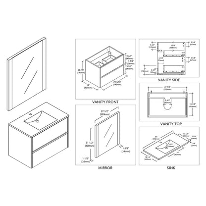 Blossom Valencia 30" 2-Drawer White Wall-Mounted Vanity Set With Ceramic Top, Integrated Single Sink and Mirror