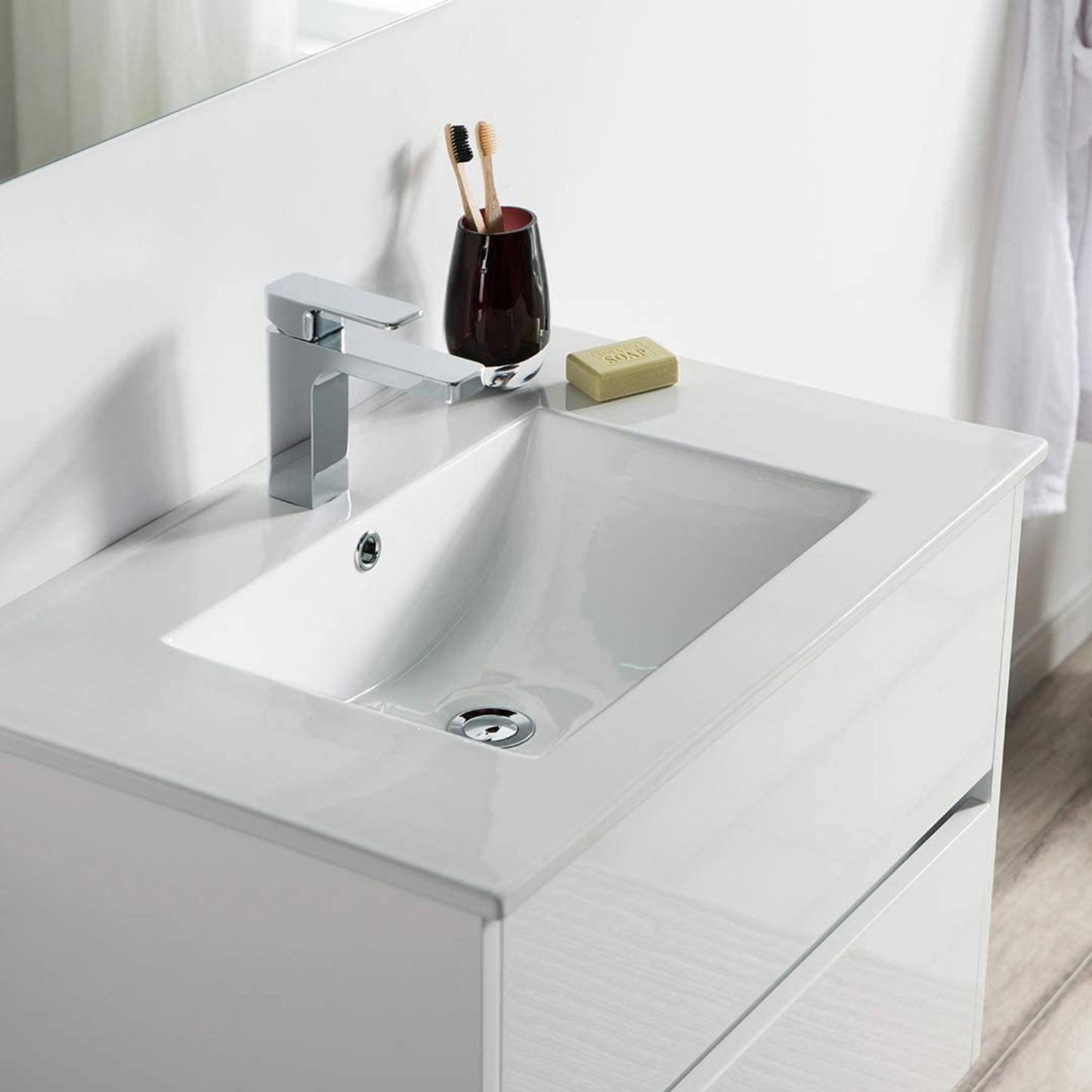Blossom Valencia 30" 2-Drawer White Wall-Mounted Vanity Set With Ceramic Top, Integrated Single Sink and Mirror