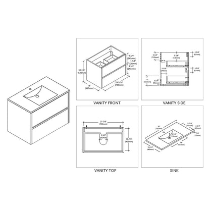 Blossom Valencia 30" 2-Drawer White Wall-Mounted Vanity Set With Ceramic Top and Integrated Single Sink