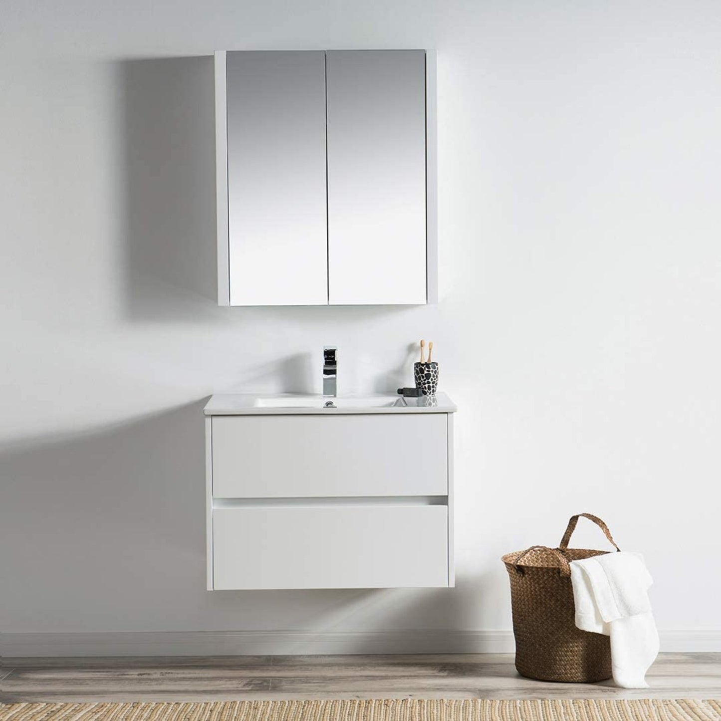 Blossom Valencia 30" 2-Drawer White Wall-Mounted Vanity Set With Ceramic Top and Integrated Single Sink and Medicine Cabinet