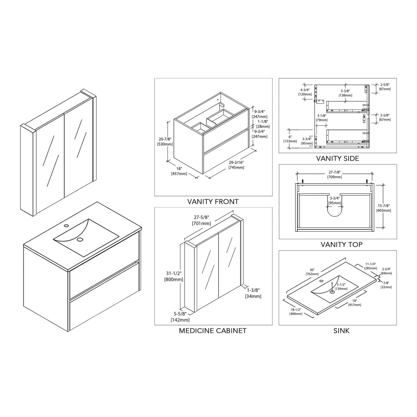 Blossom Valencia 30" 2-Drawer White Wall-Mounted Vanity Set With Ceramic Top and Integrated Single Sink and Medicine Cabinet