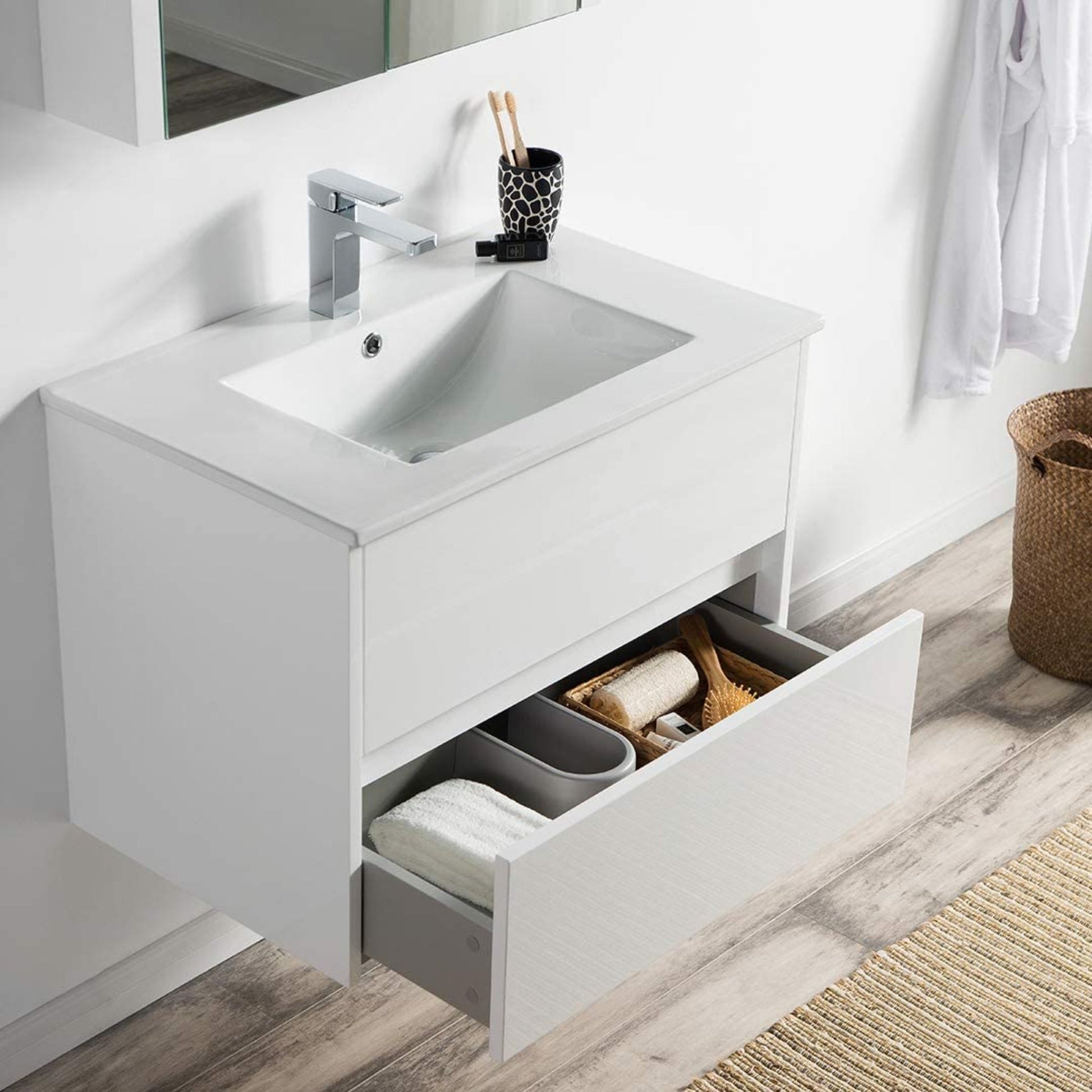 Blossom Valencia 30" 2-Drawer White Wall-Mounted Vanity Set With Ceramic Top and Integrated Single Sink and Medicine Cabinet