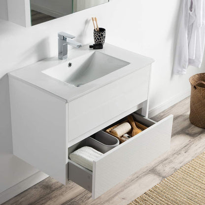 Blossom Valencia 30" 2-Drawer White Wall-Mounted Vanity Set With Ceramic Top and Integrated Single Sink and Medicine Cabinet