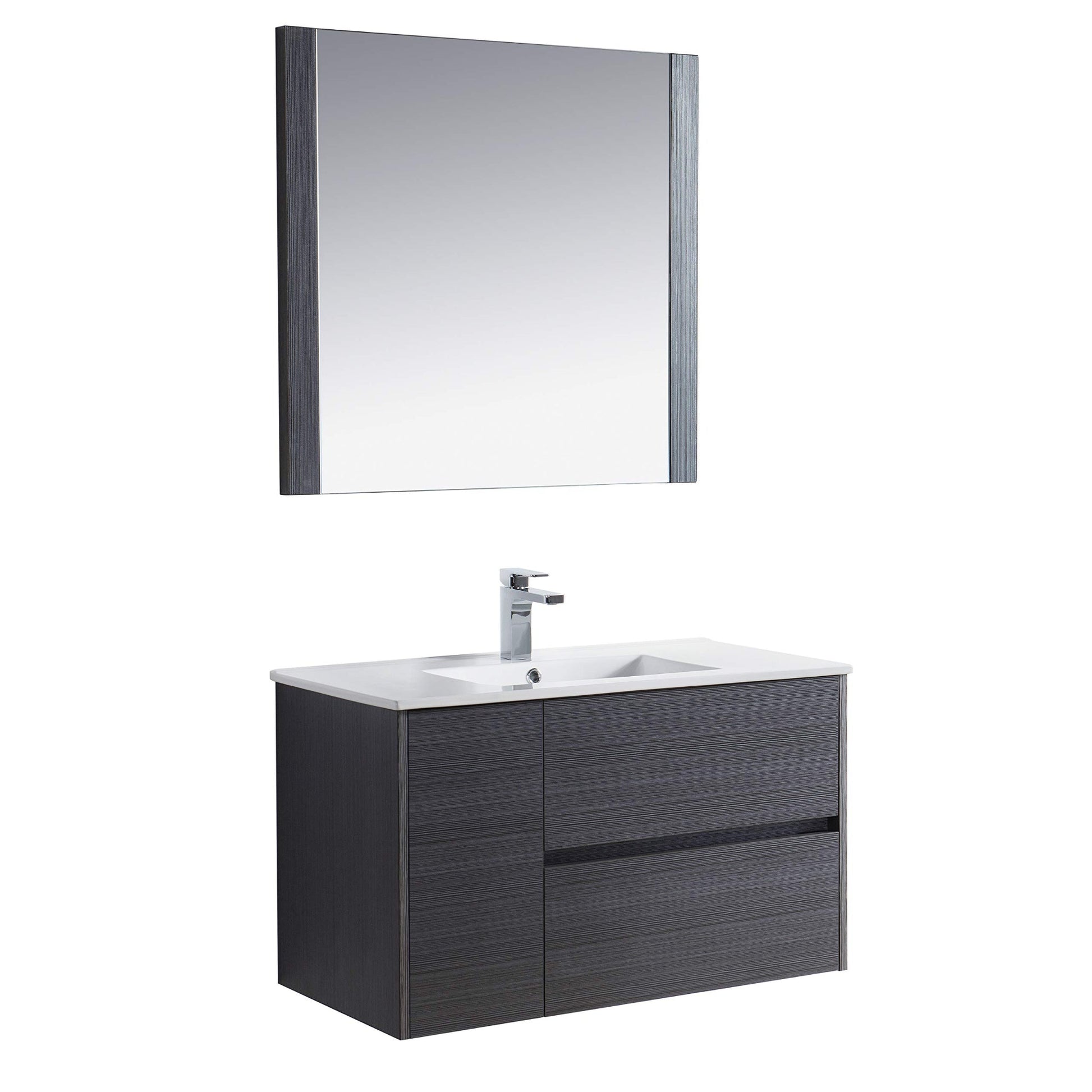 Blossom Valencia 36" 1-Door 2-Drawer Silver Gray Wall-Mounted Vanity Set With Ceramic Top, Integrated Single Sink and Mirror