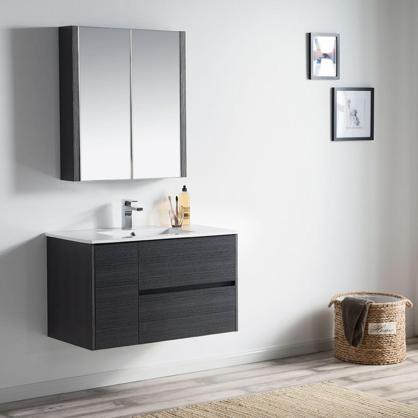 Blossom Valencia 36" 1-Door 2-Drawer Silver Gray Wall-Mounted Vanity Set With Ceramic Top and Integrated Single Sink and Medicine Cabinet