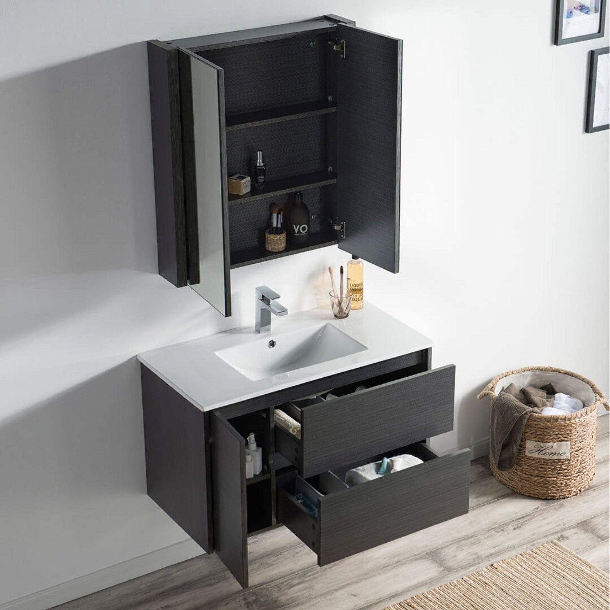 Blossom Valencia 36" 1-Door 2-Drawer Silver Gray Wall-Mounted Vanity Set With Ceramic Top and Integrated Single Sink and Medicine Cabinet