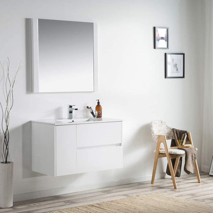 Blossom Valencia 36" 1-Door 2-Drawer White Wall-Mounted Vanity Set With Ceramic Top, Integrated Single Sink and Mirror