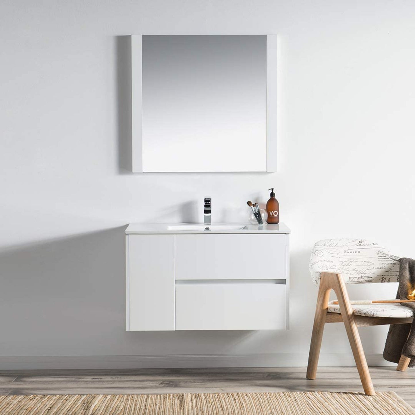 Blossom Valencia 36" 1-Door 2-Drawer White Wall-Mounted Vanity Set With Ceramic Top, Integrated Single Sink and Mirror