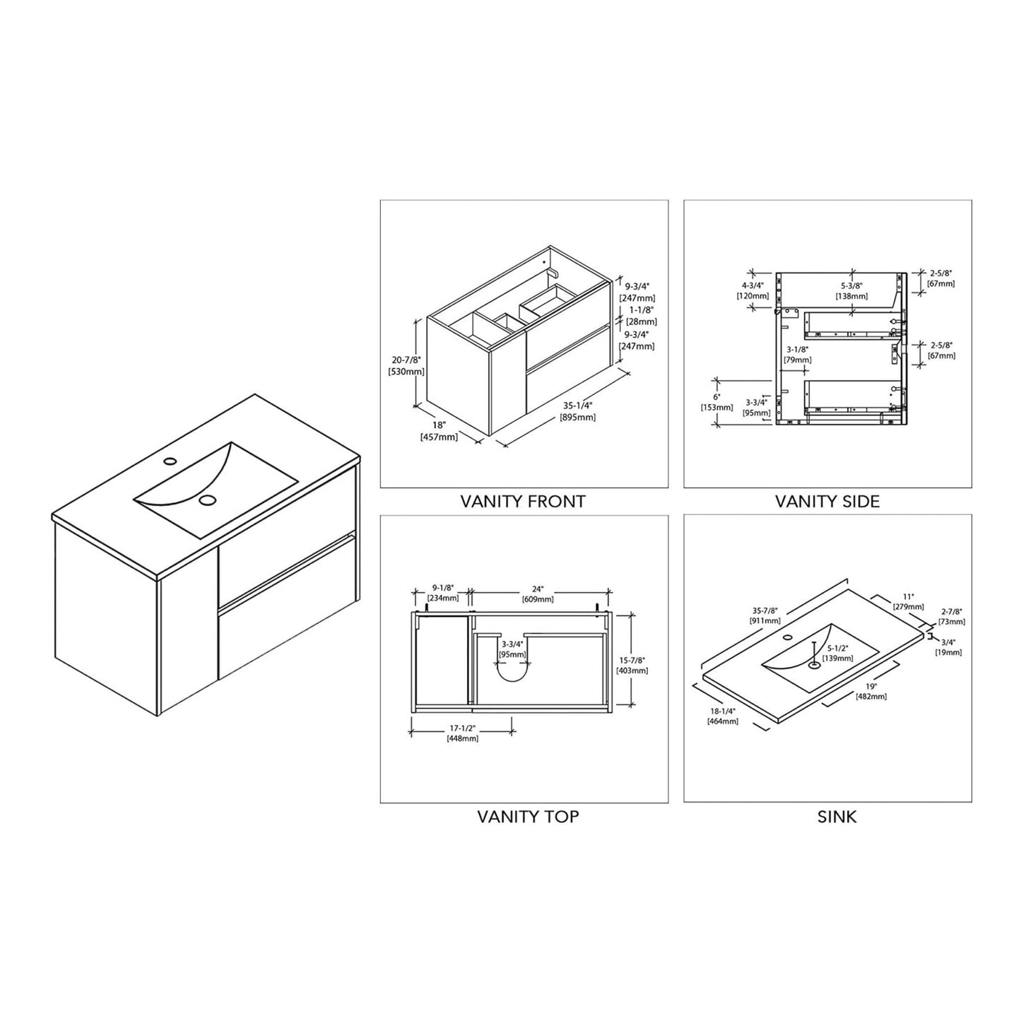 Blossom Valencia 36" 1-Door 2-Drawer White Wall-Mounted Vanity Set With Ceramic Top and Integrated Single Sink