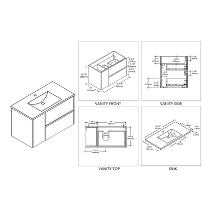 Blossom Valencia 36" 1-Door 2-Drawer White Wall-Mounted Vanity Set With Ceramic Top and Integrated Single Sink