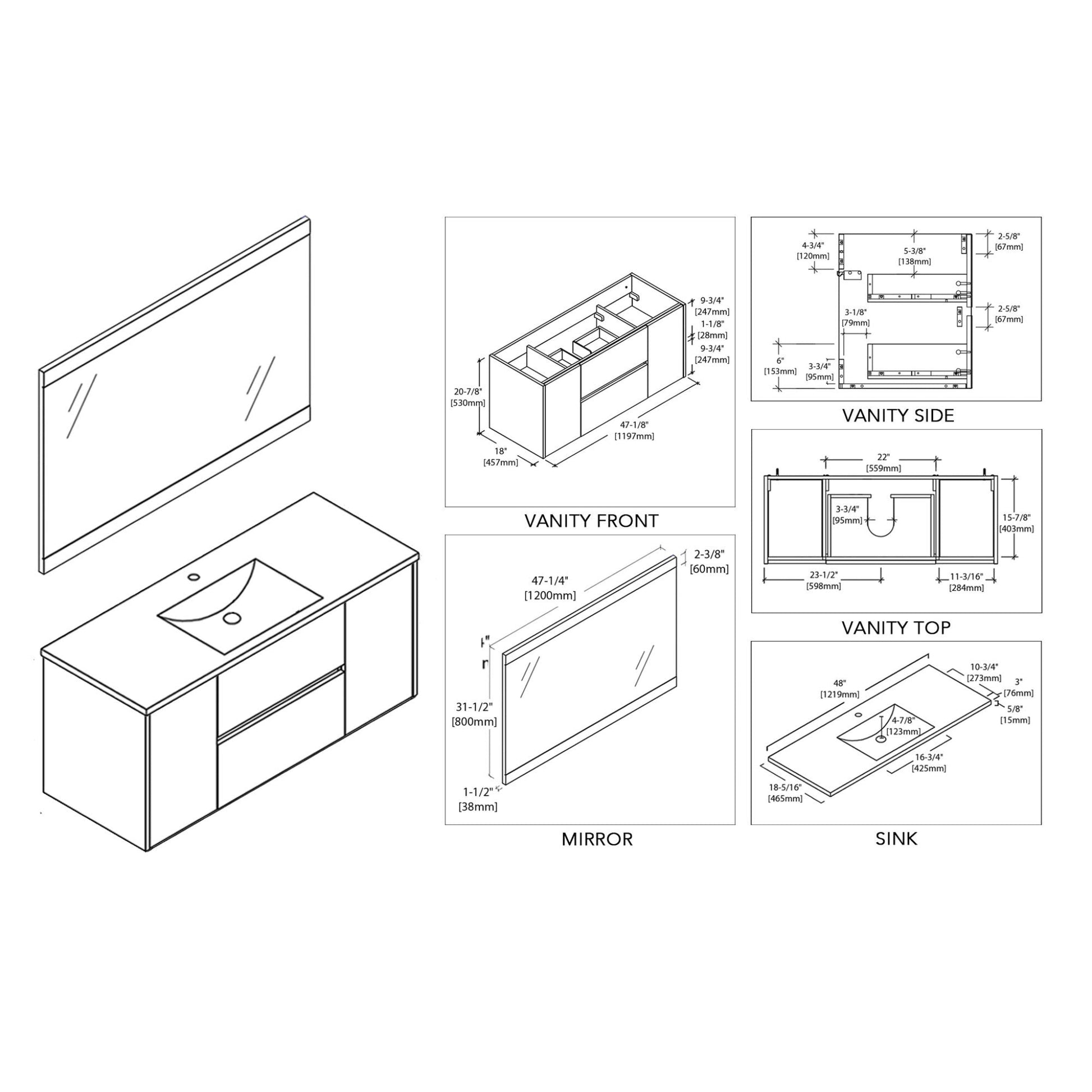 Blossom Valencia 48" 2-Door 2-Drawer Silver Gray Wall-Mounted Vanity Set With Ceramic Top, Integrated Single Sink and Mirror