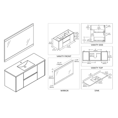 Blossom Valencia 48" 2-Door 2-Drawer Silver Gray Wall-Mounted Vanity Set With Ceramic Top, Integrated Single Sink and Mirror