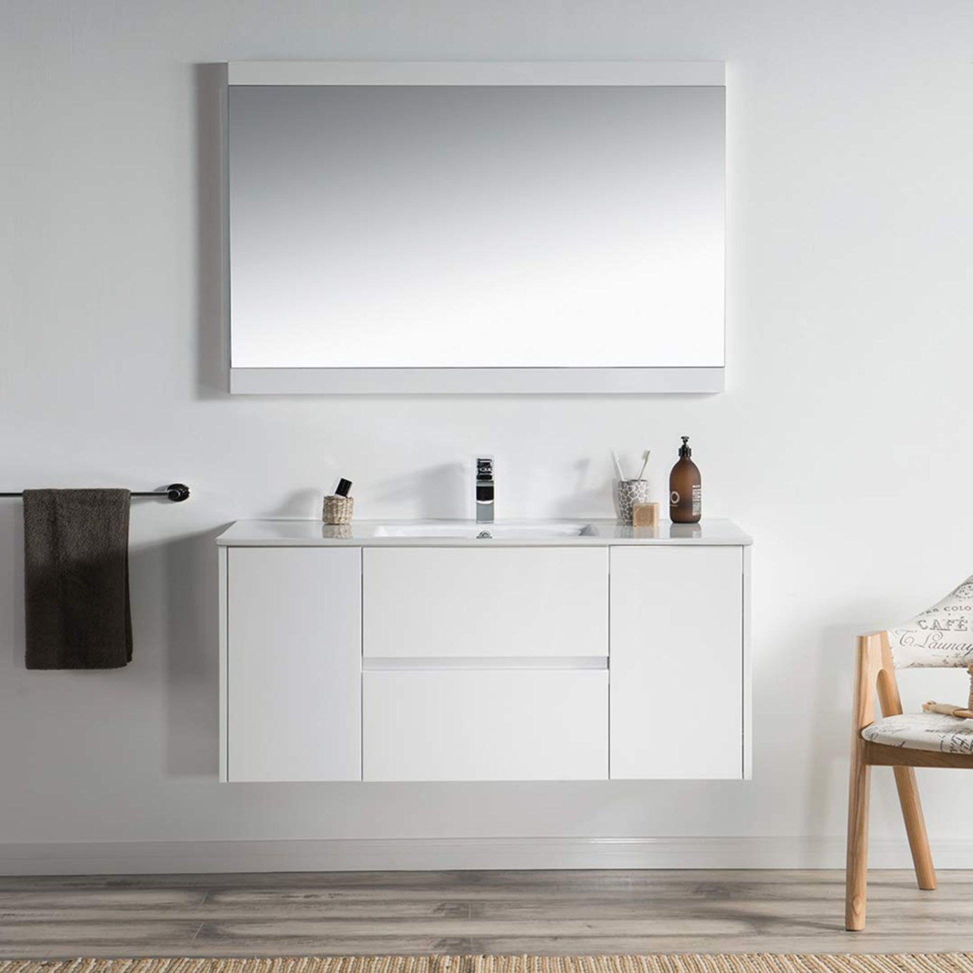 Blossom Valencia 48" 2-Door 2-Drawer White Wall-Mounted Vanity Set With Ceramic Top, Integrated Single Sink and Mirror