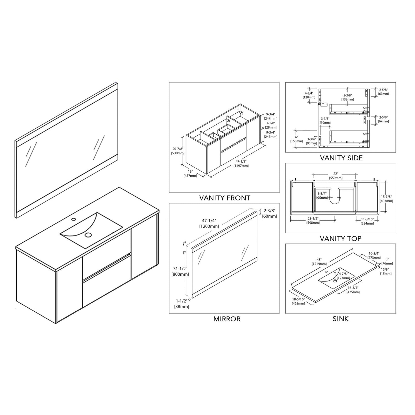 Blossom Valencia 48" 2-Door 2-Drawer White Wall-Mounted Vanity Set With Ceramic Top, Integrated Single Sink and Mirror