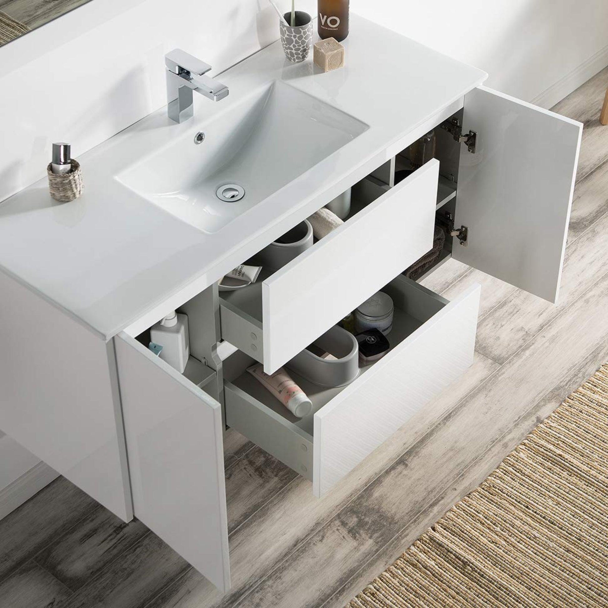 Blossom Valencia 48" 2-Door 2-Drawer White Wall-Mounted Vanity Set With Ceramic Top, Integrated Single Sink and Mirror