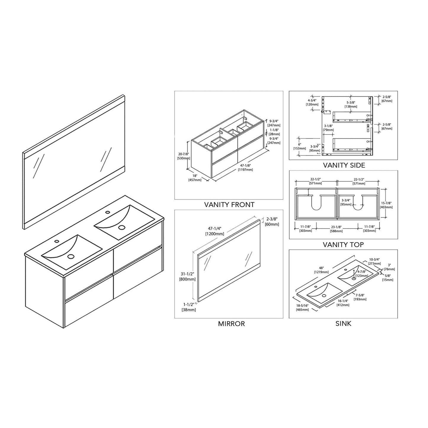 Blossom Valencia 48" 2-Drawer Silver Gray Wall-Mounted Vanity Set With Ceramic Top, Integrated Single Sink and Mirror