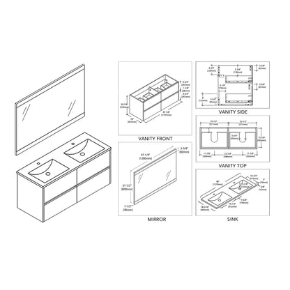 Blossom Valencia 48" 2-Drawer White Wall-Mounted Vanity Set With Ceramic Top, Integrated Single Sink and Mirror