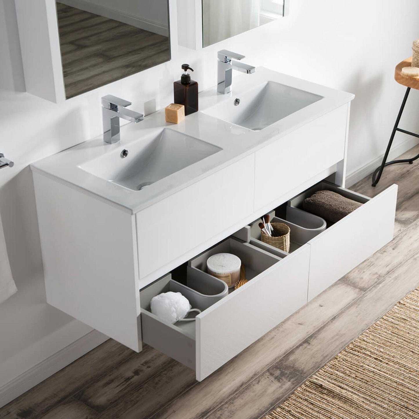 Blossom Valencia 48" 2-Drawer White Wall-Mounted Vanity Set With Ceramic Top and Integrated Single Sink and Medicine Cabinet